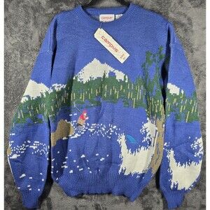 Fishing All Over Print Mens Knit Sweater XL Campus NWT Outdoors River Mountains